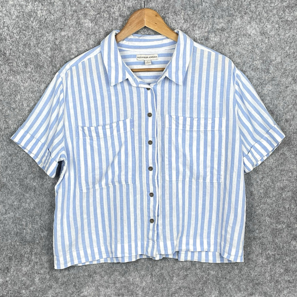 Alexander Jordan Womens Striped Coastal Chic Linen Top Size L Lagom Relaxed Boxy - Picture 1 of 6